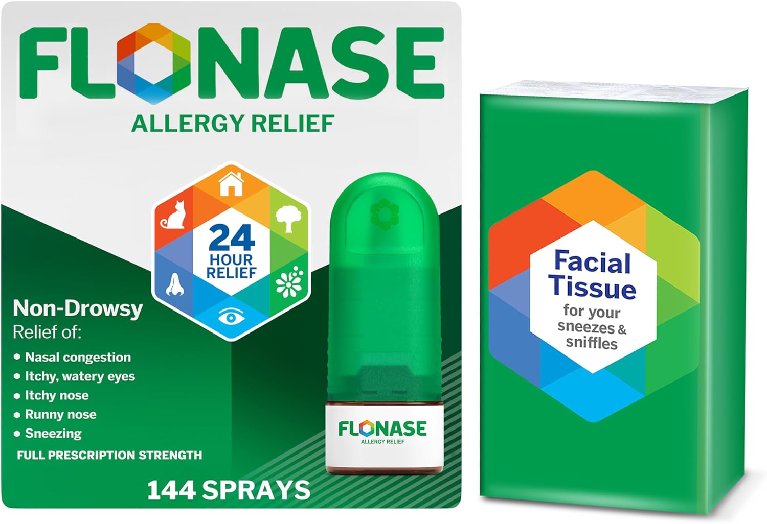 Flonase Allergy Relief Nasal Spray, 24-Hour Non-Drowsy Multi-Symptom Relief – 144 Sprays, Bonus Pack Of Tissues