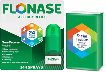 Flonase Allergy Relief Nasal Spray, 24-Hour Non-Drowsy Multi-Symptom Relief – 144 Sprays, Bonus Pack Of Tissues