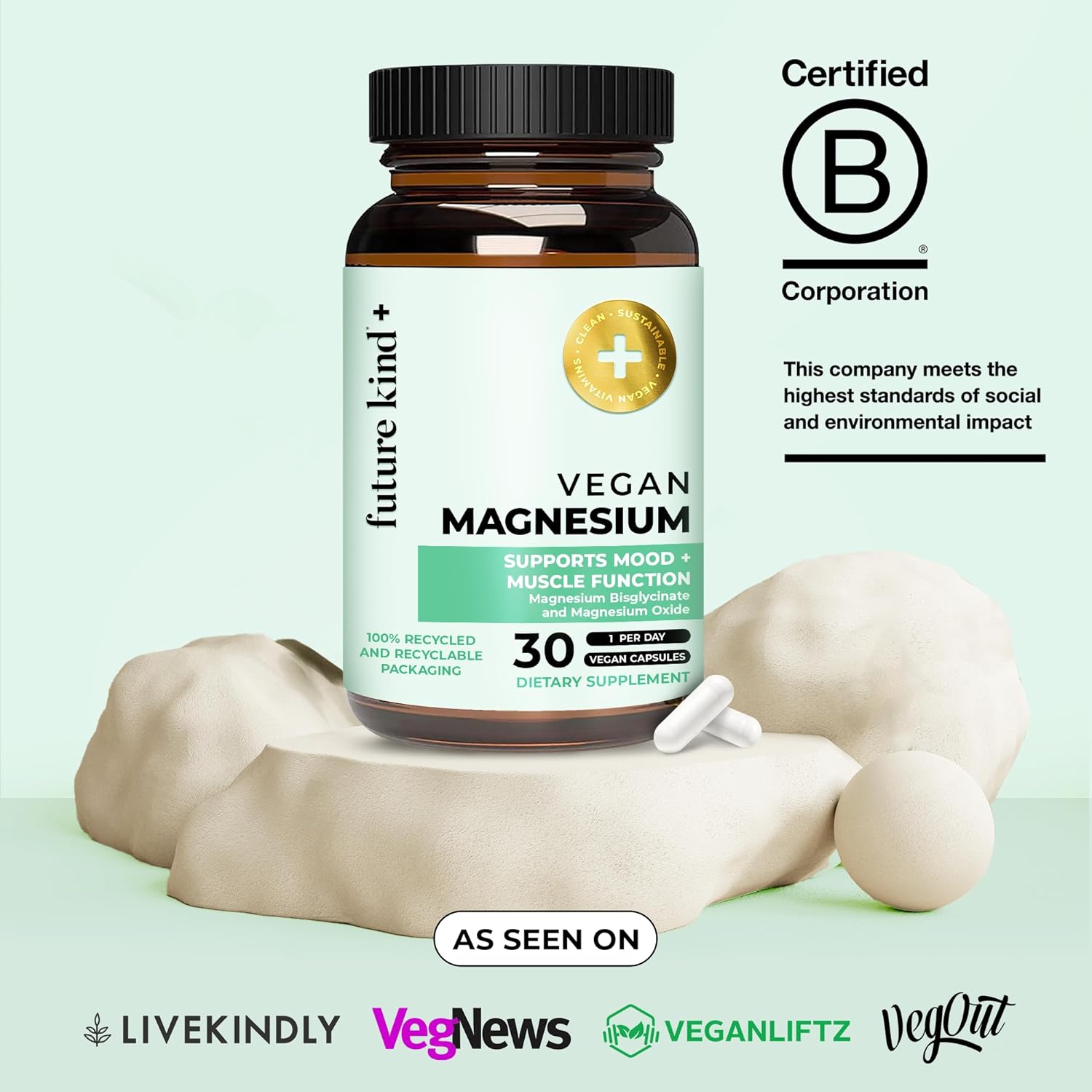 Future Kind Vegan Chelated Magnesium Supplement - (30 ct) Most Bioavailable & 6x More Potent Magnesium Capsules - Plant-Derived Magnesium for Sleep, Magnesium Pills for Rest, Energy & Muscle Functions : Health & Household