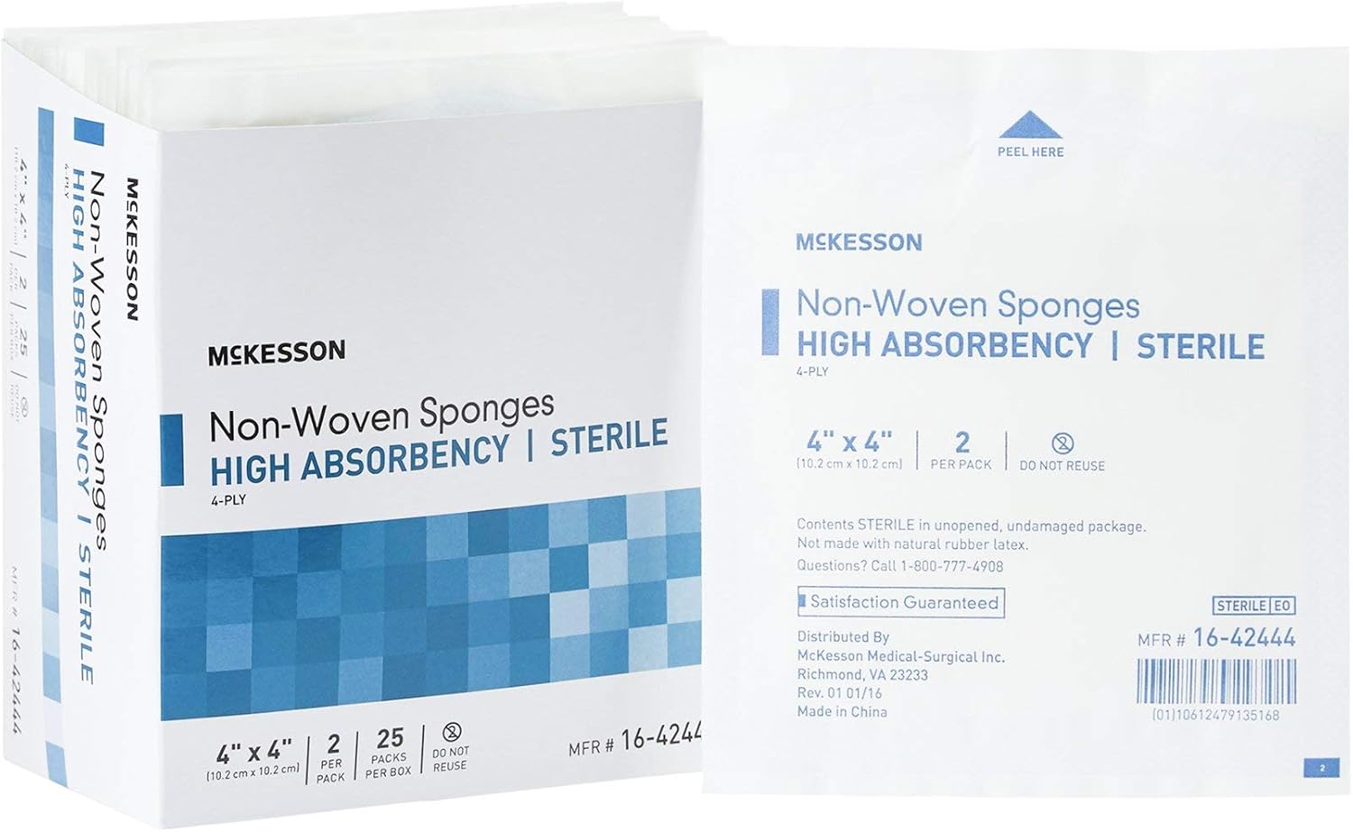 Mckesson Non-Woven Sponges, Sterile, 4-Ply, High Absorbency, Polyester/Rayon, 4 In X 4 In, 2 Per Pack, 600 Packs, 1200 Total