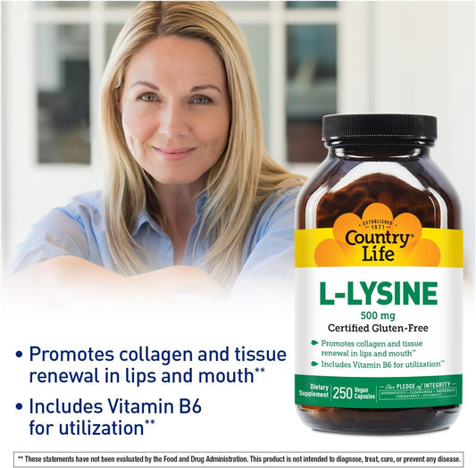 Country Life L-Lysine 500Mg With B-6, Supports Immune Health, Promotes Collagen Renewal In Lips And Mouth, 250 Vegan Capsules, Certified Gluten Free, Certified Vegan
