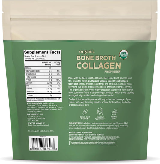 Dr. Mercola Organic Bone Broth Collagen Powder - Chocolate, 30 Servings (30 Scoops), Dietary Supplement, Supports Bone And Joint Comfort, Usda Organic, Non-Gmo