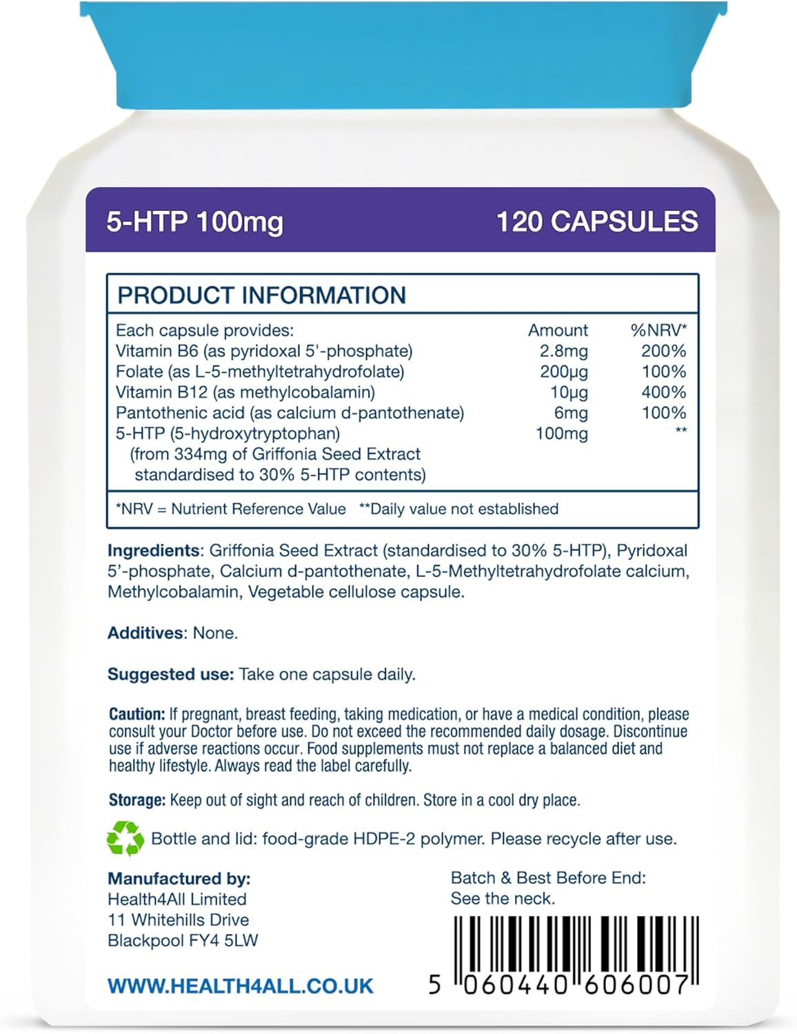 Health4All 5-HTP Supplement 100mg per Capsule 4-Month Supply 120 Capsules High Strength 5 HTP from Griffonia Seed Extract with Serotonin and Melatonin Conversion Precursors for Mood and Sleep Support : Amazon.co.uk: Health & Personal Care