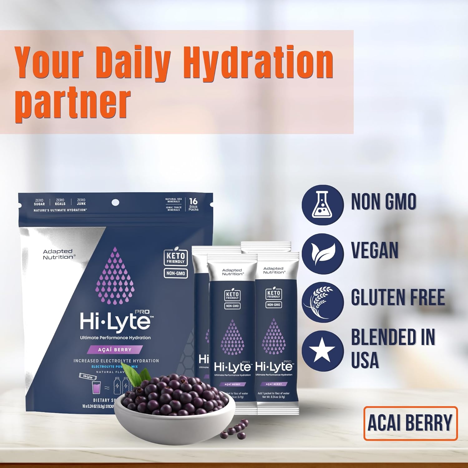 Hi-Lyte Pro Hydration Packets - 16 Individual Drink Packets | Acai Berry | Flavored Electrolyte Powder Packets | Sugar-Free, Zero Carb, Zero Calorie : Health & Household