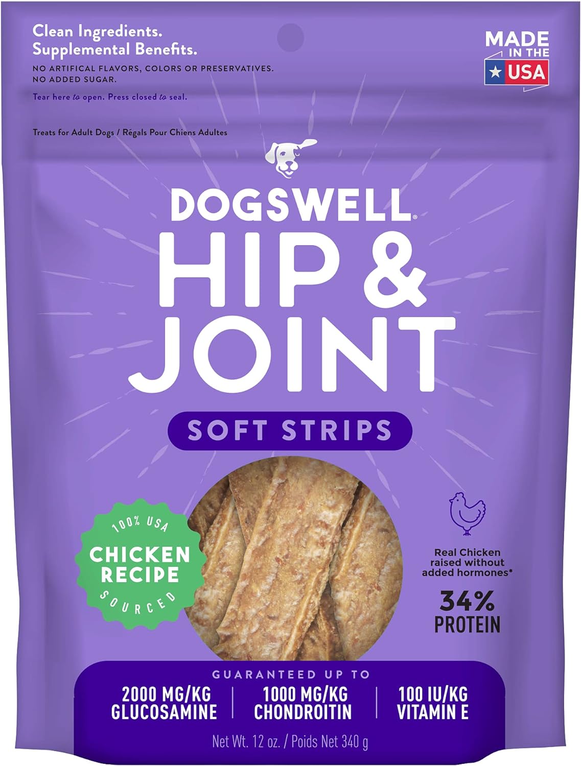 Dogswell Hip & Joint Dog Treats 100% Meaty, Grain Free, Glucosamine Chondroitin & Omega 3, Chicken Soft Strips 12 Oz