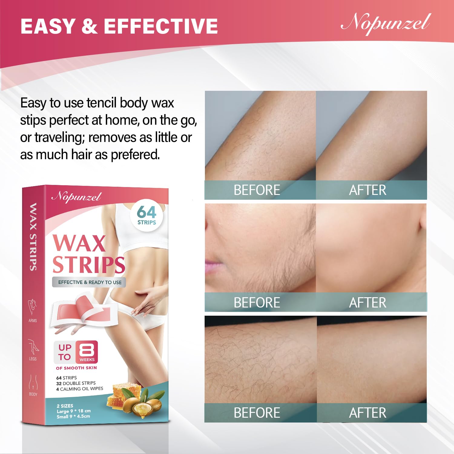 Wax Strips 64 counts, Wax Strips for Hair Removal, Waxing Strips, Bikini Wax, Bikini Wax Kit, Wax Strips for Brazilian Waxing, Waxing Strips for Body, Legs, Arms, Chest - 4 Wipes (2 Sizes) (64 Count) : Beauty & Personal Care