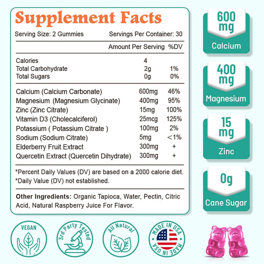 High Absorption Calcium Magnesium Zinc Gummies With Magnesium Glycinate 400Mg, Sugar Free Calcium Magnesium Supplement For Bone & Teeth Strength, Muscle Function - Vegan, 60 Count
