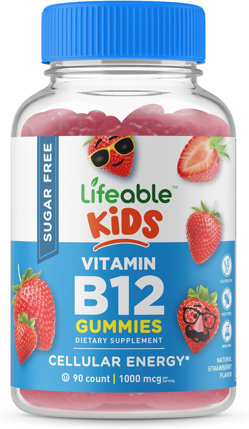Lifeable Sugar Free Vitamin B12 for Kids - 1000 mcg - Great Tasting Natural Flavor Gummy Supplement - Gluten Free Vegetarian GMO-Free Chewable - Energy Mood Metabolism Support - for Kids - 90 Gummies