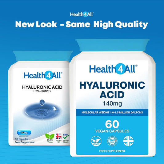 Health4All Hyaluronic Acid 140Mg, 60 Capsules 2 Months Supply, 1.0-1.5 Million Daltons For Radiant Skin, Hair And Joint Support | High Strength Vegan Supplement With Glucoronic Acid | Made In Uk