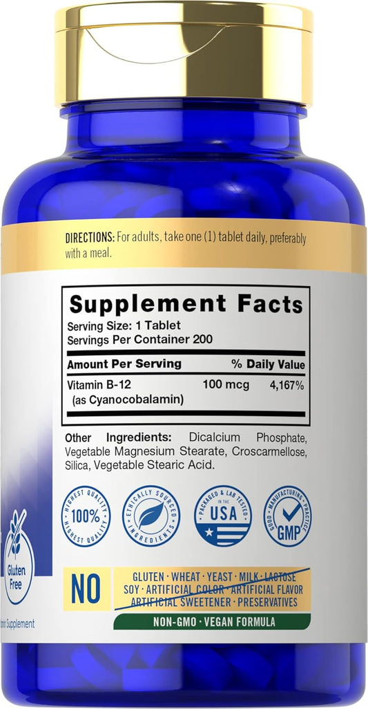 Carlyle Vitamin B12 100Mcg | 200 Tablets | Essential Vitamin Supplement | Vegan, Non-Gmo, And Gluten Free Formula