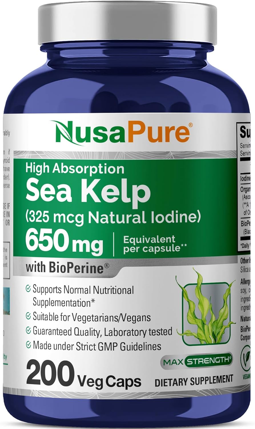 Nusapure Sea Kelp Iodine 325Mcg Per Veggie Capsule 200 Count (Non-Gmo, Vegan, Organic Kelp, Bioperine)
