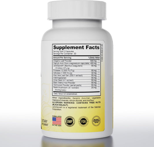 Candida Cleanse - Gut & Colon Support (60 Capsules) - For Men & Women - Natural Herbs For Intestinal Detox - Anti Yeast Overgrowth - Oregano Leaf, Wormwood, Black Walnut, Caprylic Acid