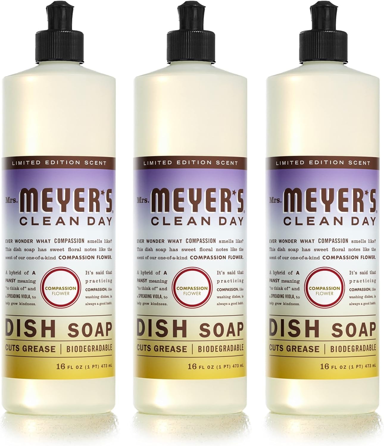 Mrs. Meyer'S Clean Day Liquid Dish Soap, Biodegradable Formula, Compassion Flower, 16 Fl. Oz - Pack Of 3
