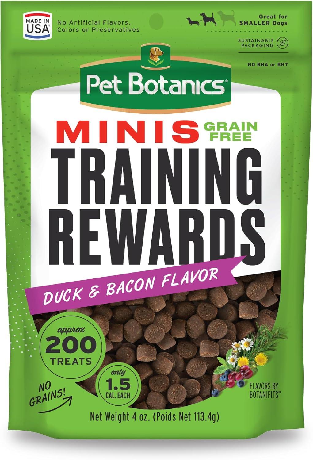Pet Botanics 4 Oz. Pouch Training Reward Mini Soft & Chewy, Duck And Bacon Flavor, With 200 Treats Per Bag, The Choice Of Top Trainers