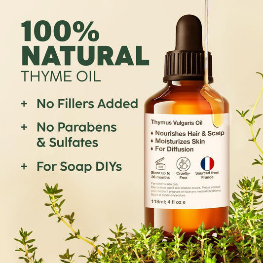 Kukka Thyme Essential Oil For Hair Thyme Oil For Skin & Soap Making Scent - 100% Natural Thyme Essential Oil For Diffuser (4 Fl Oz)