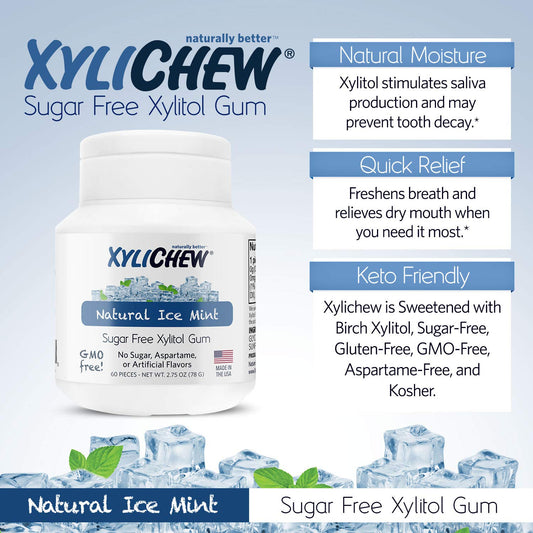 Xylichew 100% Xylitol Chewing Gum - Non Gmo, Non Aspartame, Gluten Free, And Sugar Free Gum - Natural Oral Care, Relieves Bad Breath And Dry Mouth - Ice Mint, 240 Count