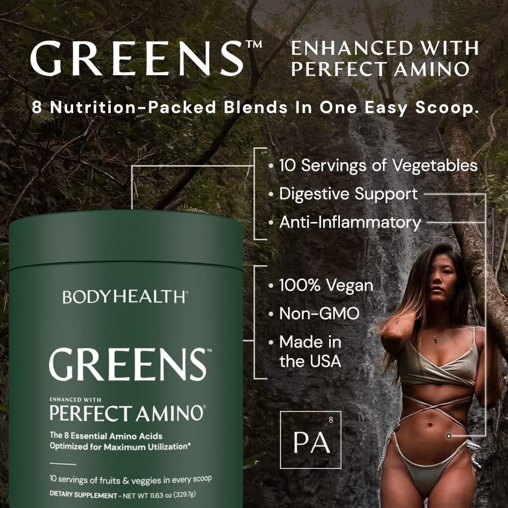 BodyHealth Perfect Greens Formula (30 Svgs) Daily Superfood Green Apple Smoothie Powder with Vegetables, Fruit, Antioxidants, Prebiotics, Probiotics, Fiber, and PerfectAmino Protein : Health & Household