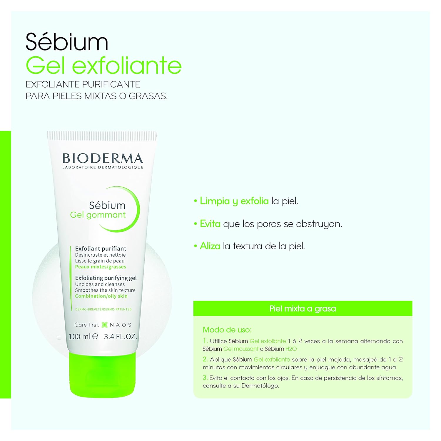 Bioderma - Sébium - Exfoliating Facial Gel - Skin Purifying and Pore Refining - Face Cleanser for Combination to Oily Skin, 3.33 Fl Oz (Pack of 1) : Beauty & Personal Care