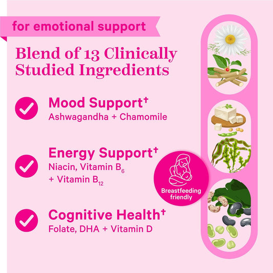 Pink Stork Postpartum Mood Support - Postnatal Hormone Balance For Women, Stress & Cognitive Support, New Mom Essentials - Ashwagandha, Chamomile, & Vitamin D, Breastfeeding Friendly, 60 Capsules