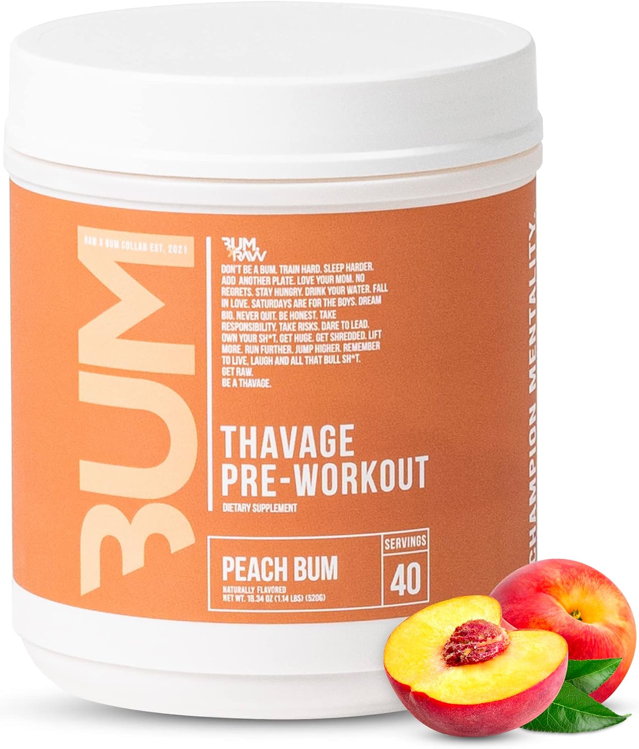 RAW Preworkout Powder, Thavage (Peach Bum) - Chris Bumstead Sports Nutrition Supplement for Men & Women - Cbum Pre Workout for Working Out, Hydration, Mental Focus & Energy - 40 Servings