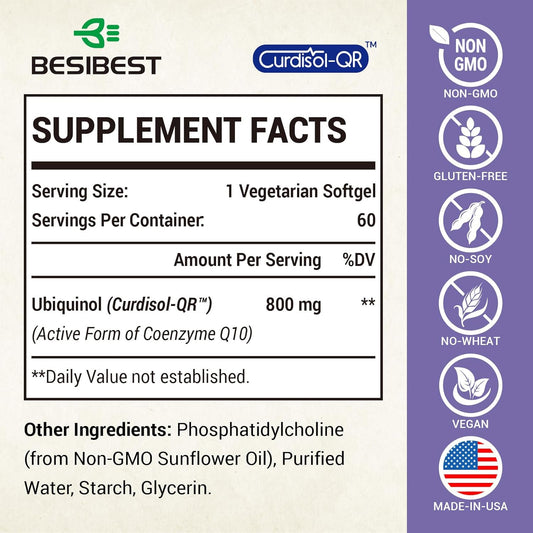 Liposomal Ubiquinol Coq10 800 Mg Softgel, High Absorption Coq10 Ubiquinol Supplement, Active Coenzyme Q10 800Mg, Powerful Antioxidant For Heart & Brain Function, Energy Production, 60 Vegan Softgels