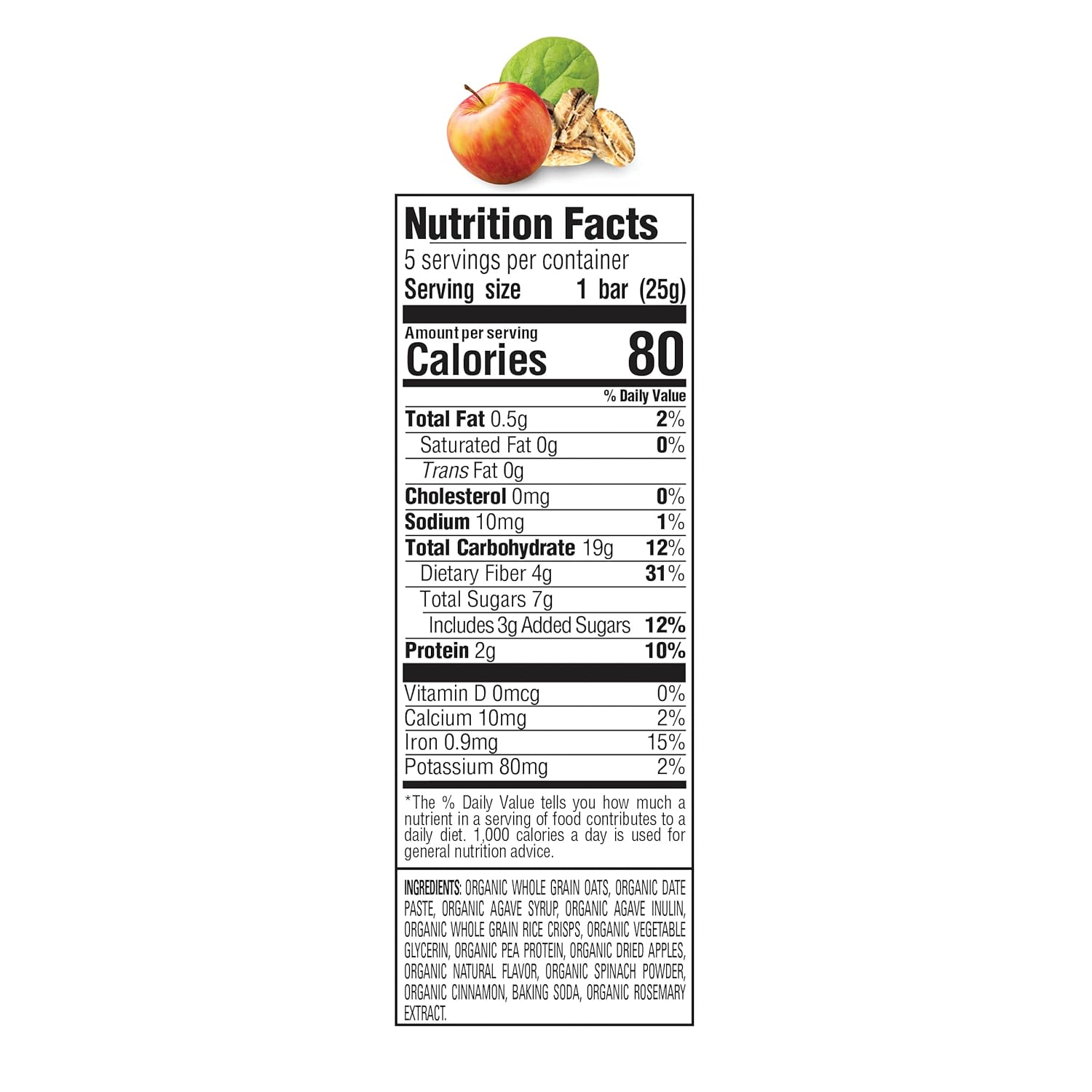 HAPPYTOT Organics Fiber & Protein Soft-Baked Oat Bars, Organic Toddler Snack, Apple & Spinach, 5 Count : Baby