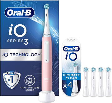 Oral-B Io3 Electric Toothbrushes Adults, 4 Toothbrush Heads, 3 Modes With Teeth Whitening, 2 Pin Uk Plug, Pink