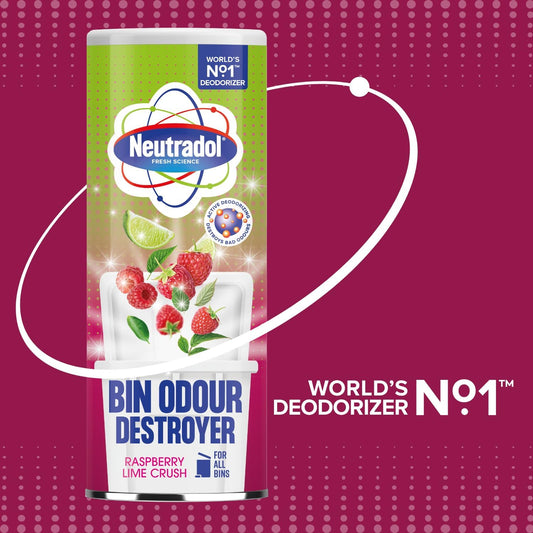 Neutradol Dustbin Odour Destroyer, Bin Freshener Deodorising Powder, Odour Eliminator For Indoor & Outdoor Bins, Raspberry Lime Crush, Multipack Of 3 X 350G