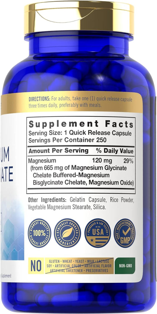 Carlyle Buffered Magnesium Bisglycinate 665 mg | 250 Capsules | Chelated Essential Mineral | Non-GMO and Gluten Free Supplement