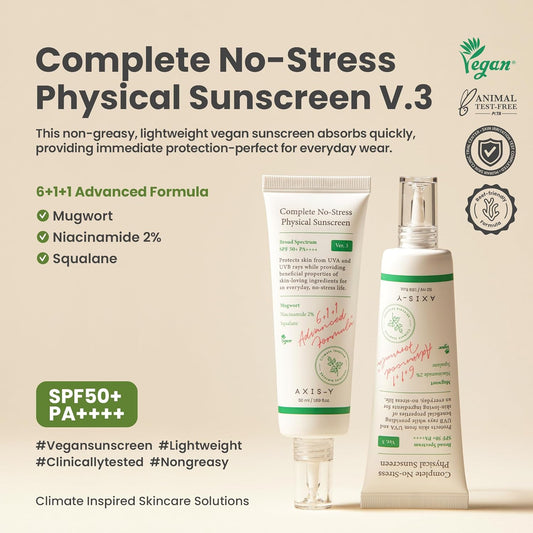 Axis-Y Complete No-Stress Physical Sunscreen V3 - Spf 50 Mineral Sunscreen With 2% Niacinamide, Zinc Oxide Sunblock For Broad Spectrum Sun Care - Vegan Korean Skin Care -1.69 Fl. Oz