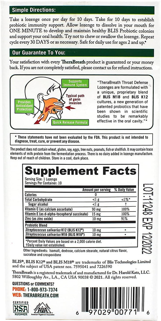 TheraBreath Immunity Support Doctor Formulated Throat Health Supplement Lozenges with Zinc, Mild Citrus Mint, 10 Count