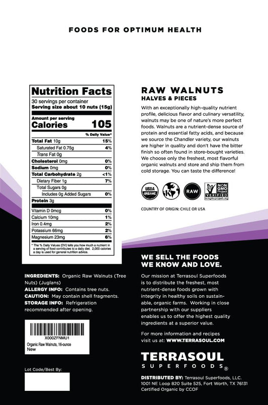Terrasoul Superfoods Raw Organic Walnuts, 16 Oz - Chandler Variety | Fresh | Light Color
