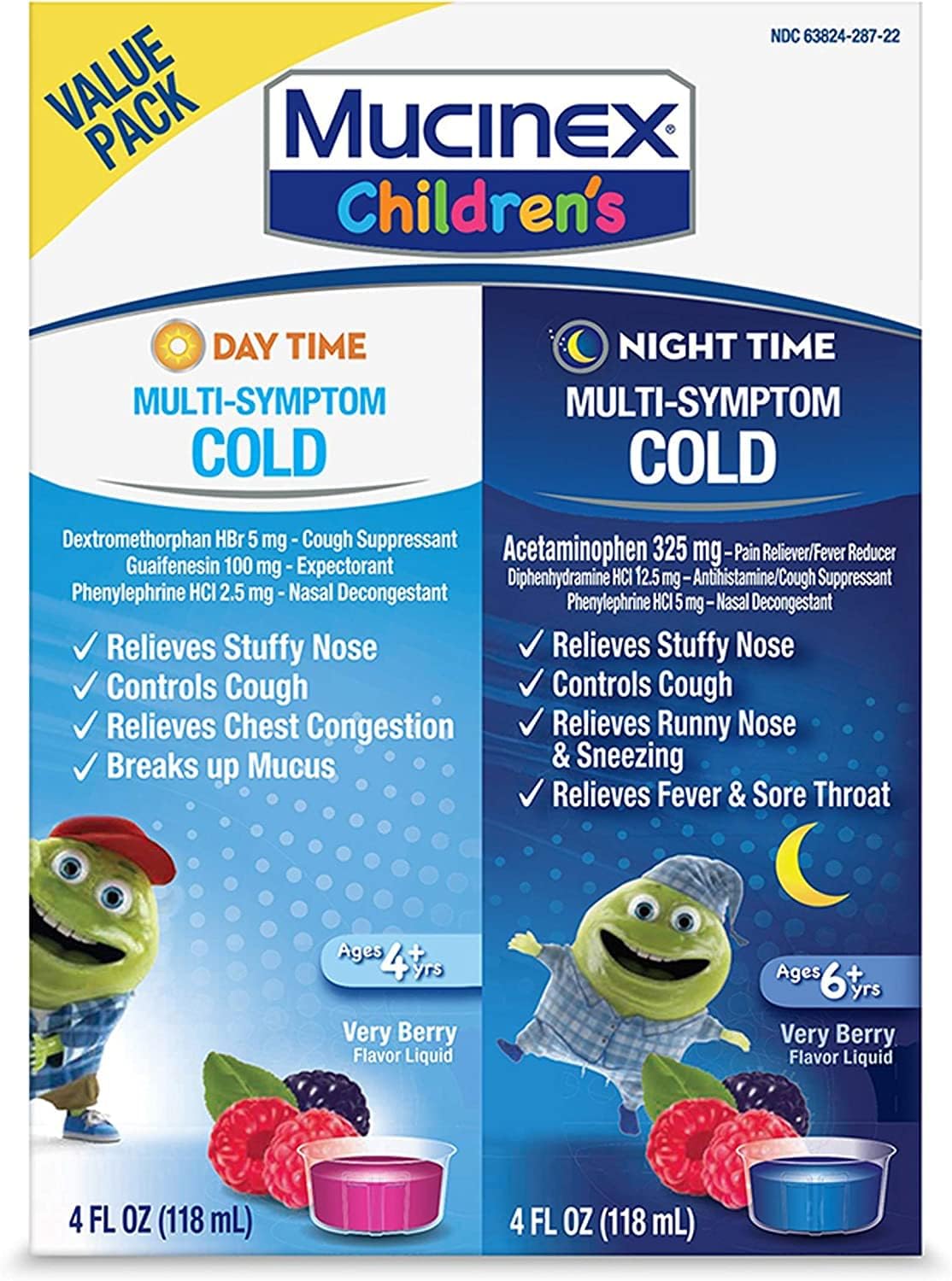 Cold & Cough, Mucinex Children's Multi-Symptom Day/Night Liquid, Very Berry, 4 Fl Oz (Pack of 2)