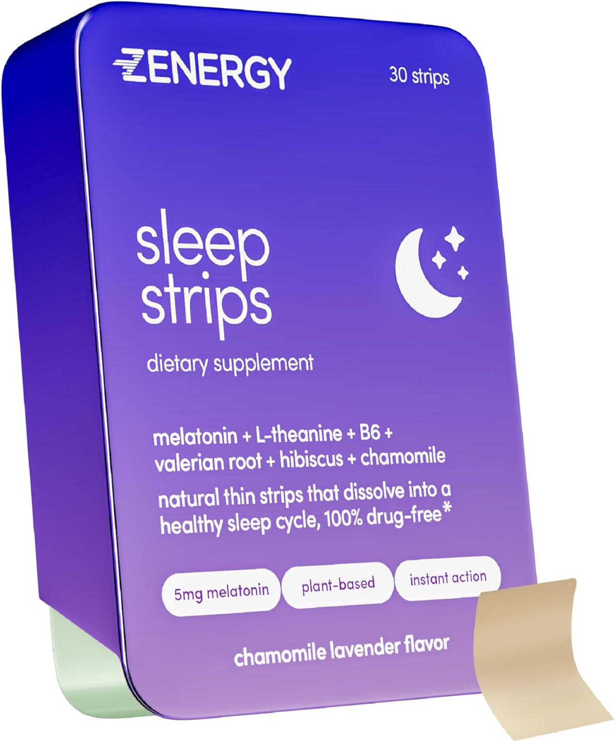 Zenergy Sleep Oral Strips - Chamomile Lavender Flavor | 5Mg Melatonin + 20Mg L-Theanine + 100% Vitamin B6 + Botanicals | 0 Sugar, 0 Calories, 0 Gluten, Vegan, Instant Action | 1 Tin = 30 Strips
