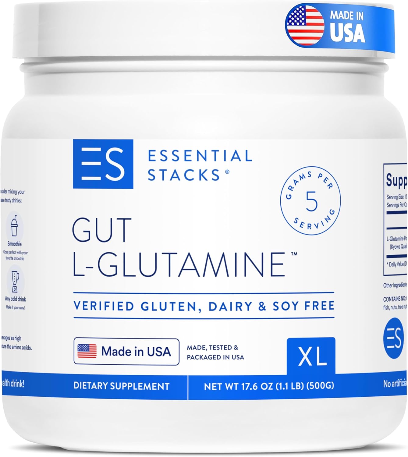 Essential Stacks Gut L Glutamine Powder Xl (500 Grams) - Made In Usa, Non-Gmo, Gluten Free, Vegan, Unflavored (100 Servings)