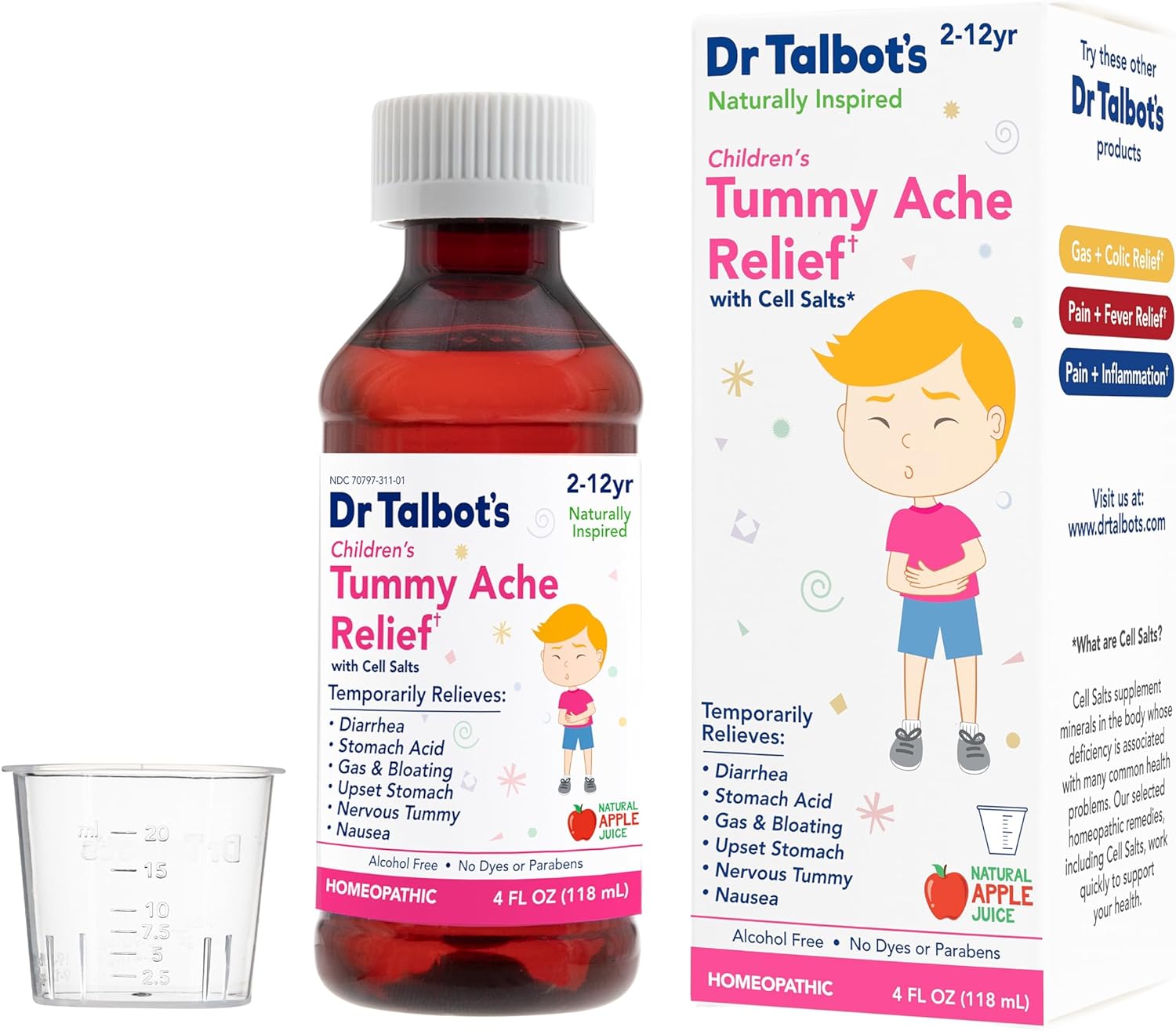 Dr. Talbot's Tummy Ache Relief Liquid Medicine, Naturally Inspired, for Children, Includes Dosage Cup, Apple Juice Flavor, 4 Fl Oz. (Packaging May Vary)