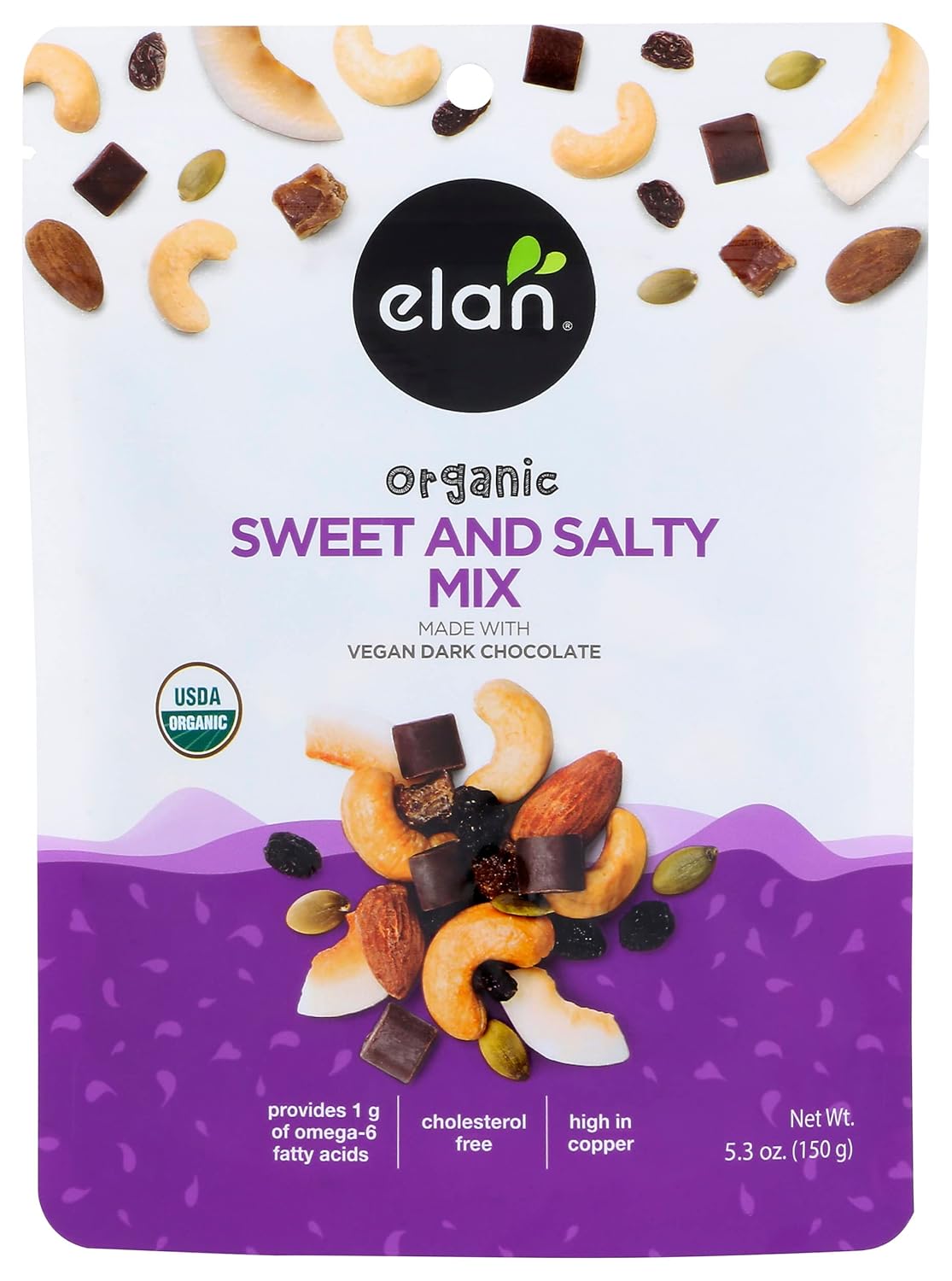 Elan Organic Sweet & Salty Mix, Non-Gmo, Gluten-Free, Vegan, Kosher, Vegan Dark Chocolate, Dried Fruits (Raisins, Dates), Nuts (Roasted Cashews, Roasted Almonds) & Pumpkin Seeds, 8 Pack Of 5.3 Oz