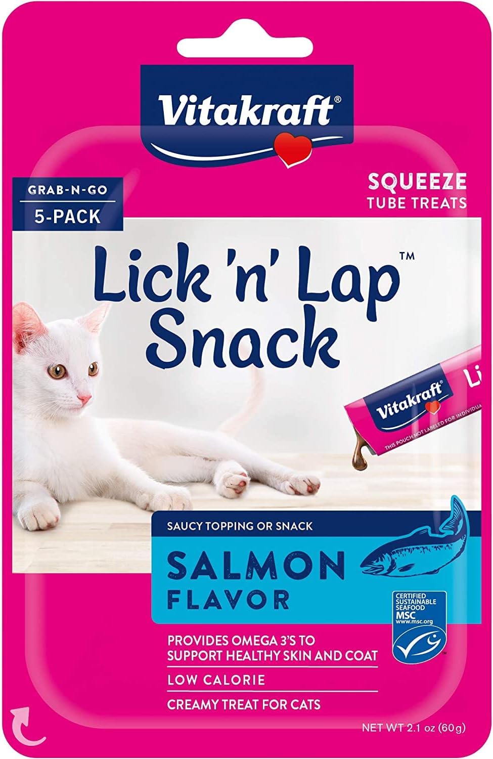 Vitakraft Lick 'n' Lap Salmon Flavor Creamy Treats for Cats, Low Calorie, Grab-n-Go Squeeze Tube Treats or Saucy Food Topping, 5 Pack