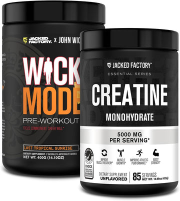 Jacked Factory X John Wick - Wick Mode Pre Workout Powder (Last Tropical Sunrise, 40 Servings) & Creatine Monohydrate Powder (Unflavored, 85 Servings)