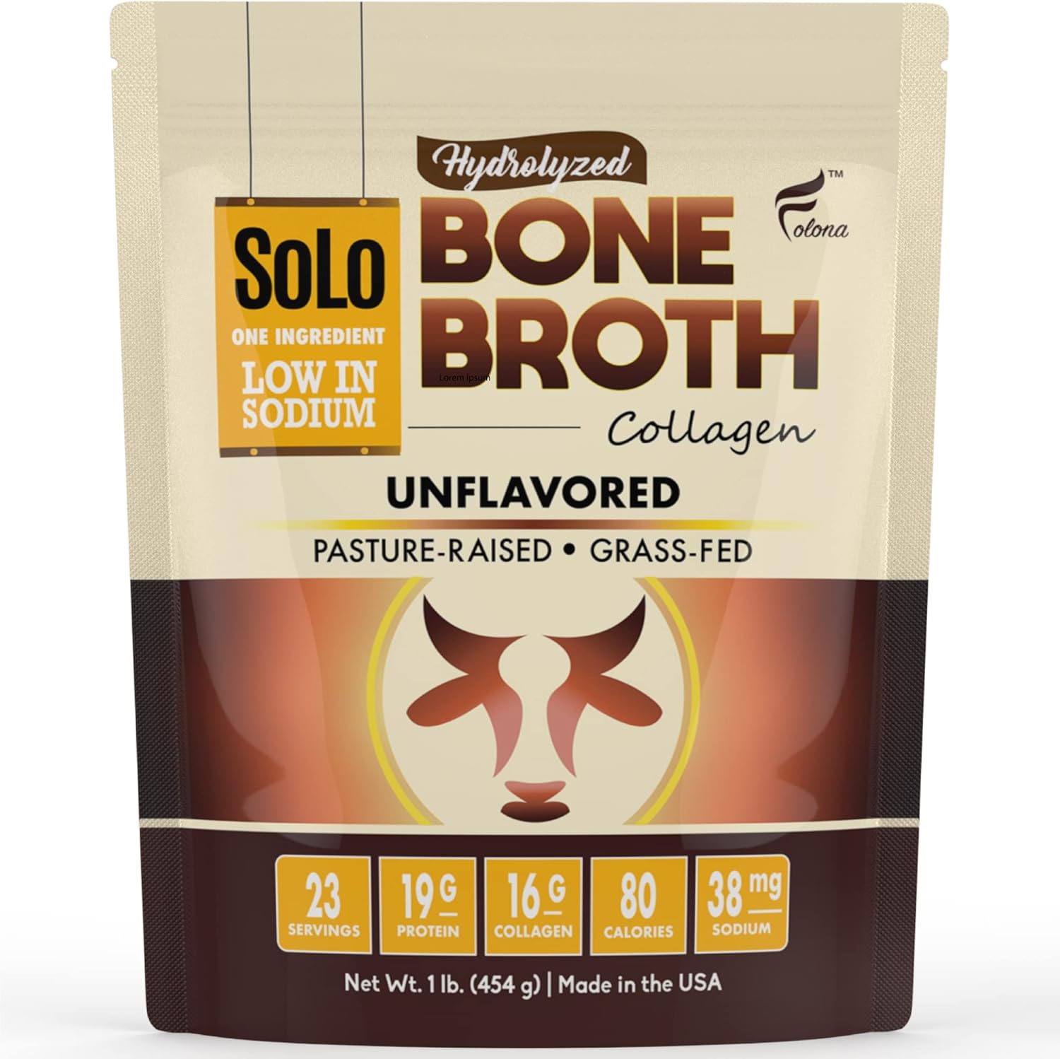 Solo Bone Broth Protein Collagen Powder Low Sodium, 16G Hydrolyzed Collagen Type I & Iii, For Healthy Skin, Nails, Hair, Joints & Digestion, Grass Fed, Non-Gmo, Gluten Free, Paleo/Keto Friendly, 1 Lb