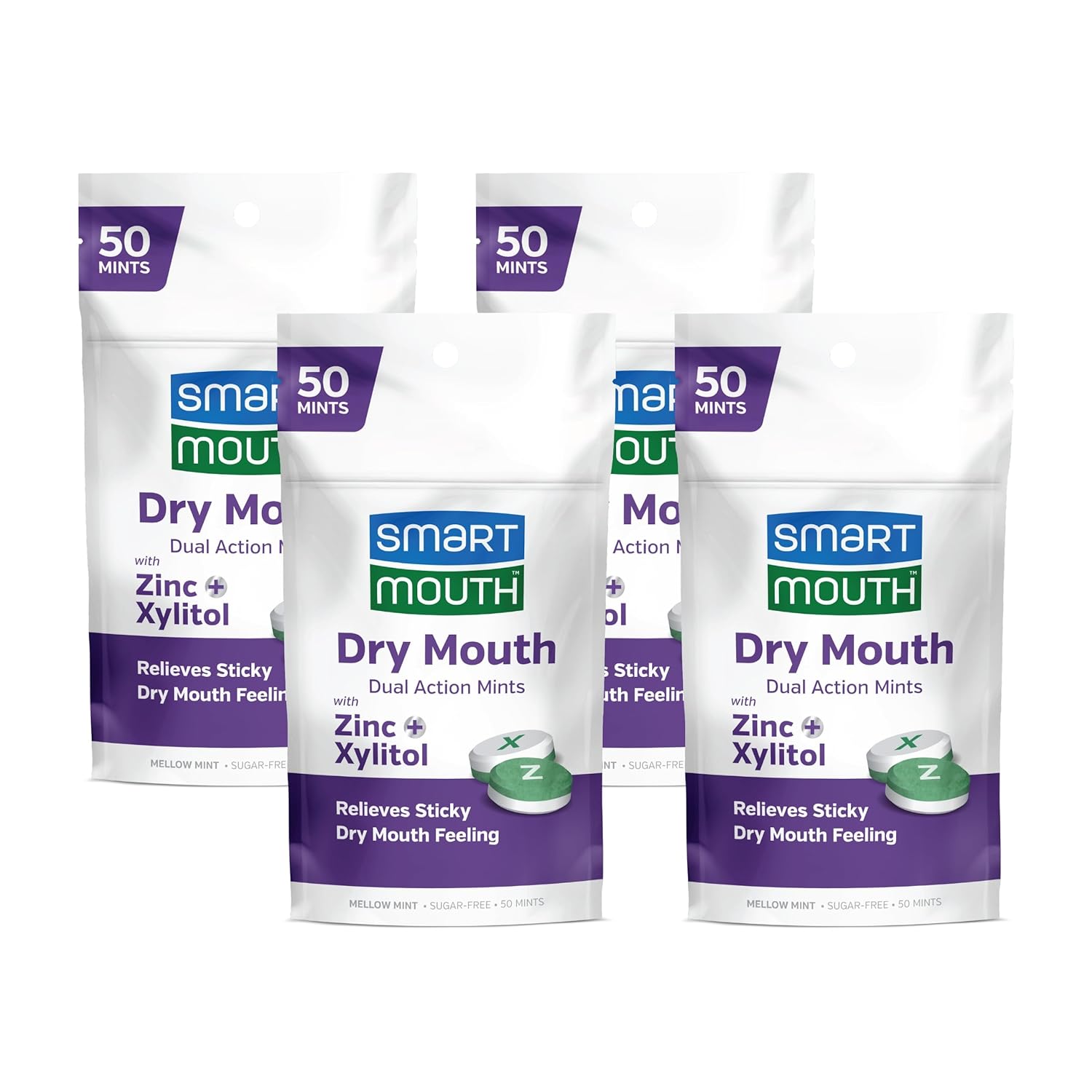 Smartmouth Dry Mouth Dual-Action Mints - Sugar-Free Breath Mints - 50 Count, 4 Pack, Mellow Mint