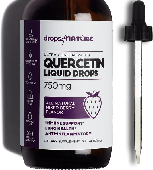 Drops Of Nature Quercetin Liquid Drops 750mg | Lions Mane Mushroom Gummies 60 Bears | Bundle