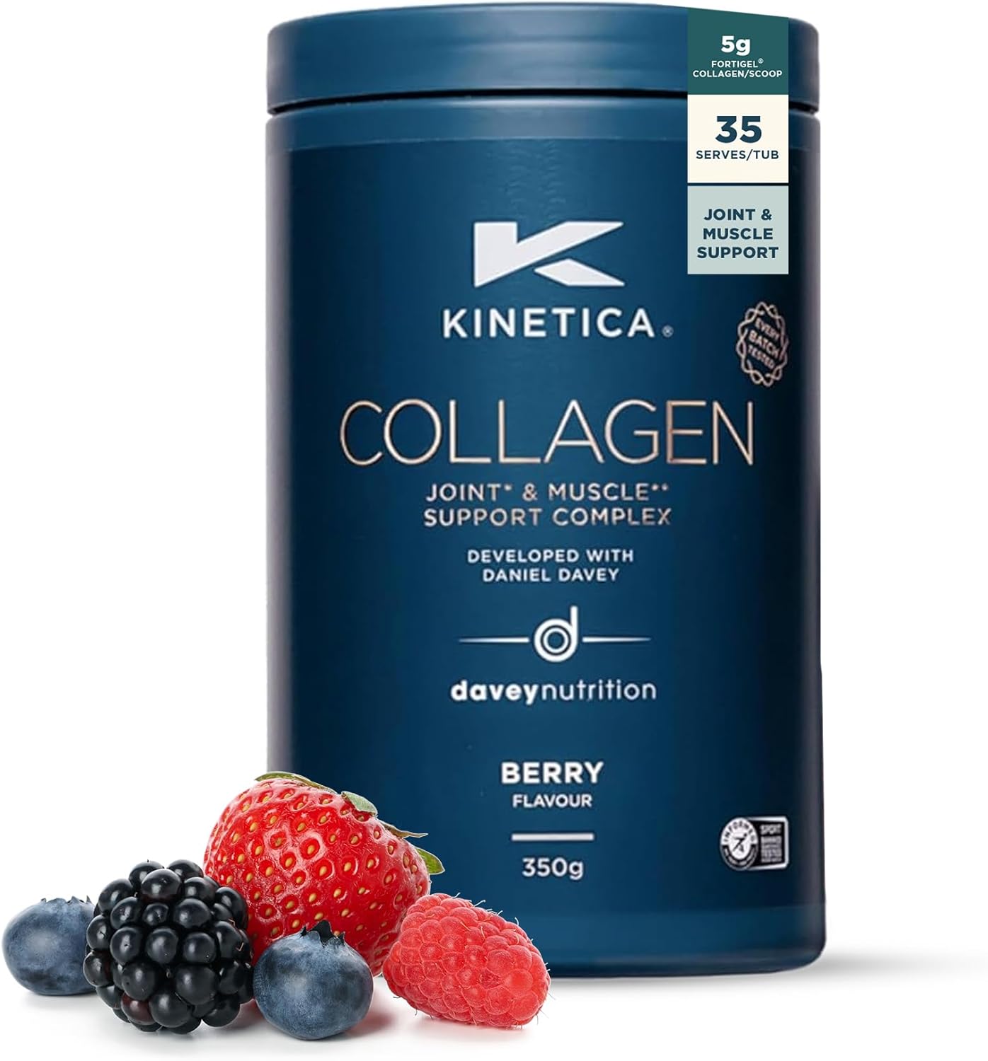 Kinetica Sports Collagen Powder - Berry Flavour | 350G | 5G Fortigel Bovine Collagen/Serve, 320Mg Vitamin C, 5µg Vitamin D, 100Mg Hyaluronic Acid & 500Mg Glucosamine Sulphate | Joint & Muscle Support
