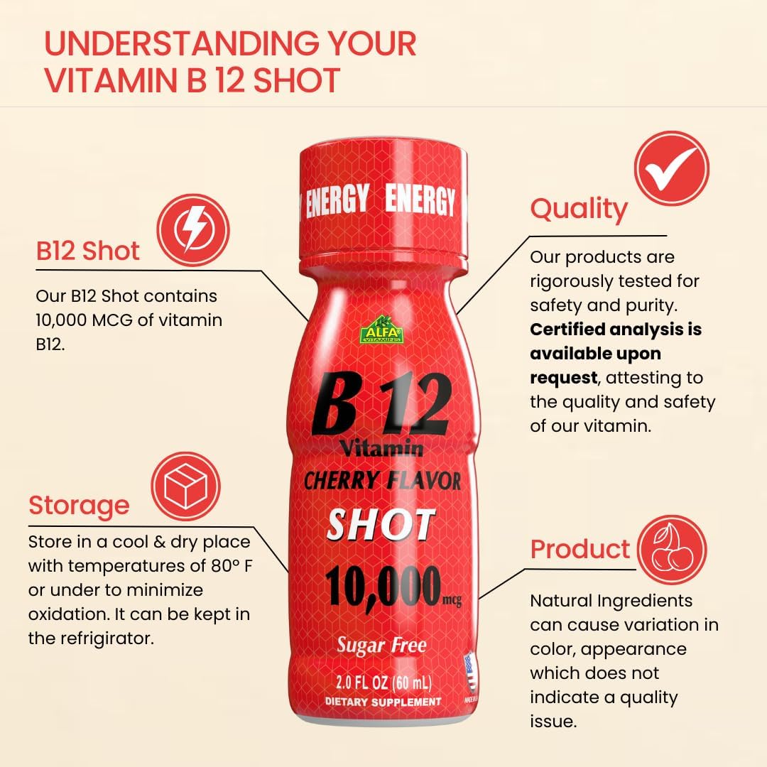 ALFA VITAMINS B12 Vitamin Shot with 10000 MCG Highest Potency - Sugar-Free, Caffeine-Free - Energy Shot (2.0 FL OZ Bottle) 20 Pack : Health & Household