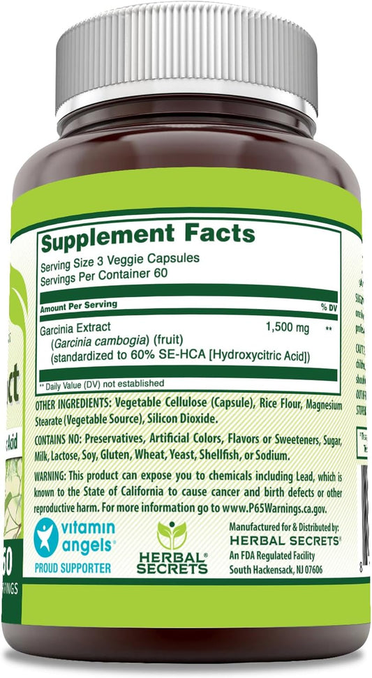 Herbal Secrets Garcinia Extract Supplement |1500 Milligrams | 180 Veggie Capsules | Non-Gmo | Gluten-Free | Made In Usa