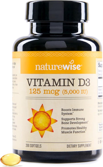 Naturewise Vitamin D3 5000Iu (125 Mcg) 200-Day Supply For Immune Support, Healthy Muscle Function, And Bone Health - Non-Gmo, Gluten Free In Organic Extra Virgin Olive Oil, (Mini Softgel), 200 Count