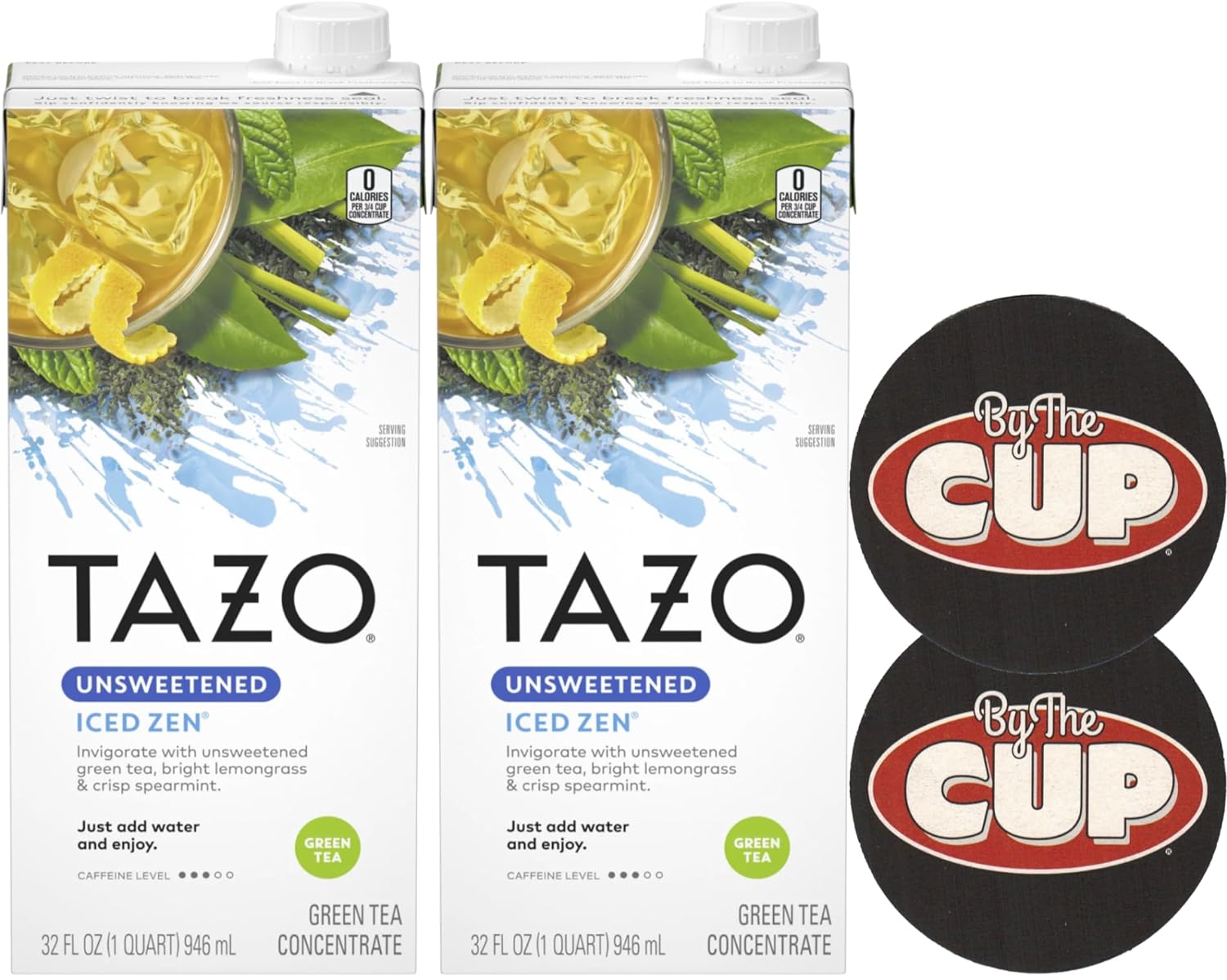 TAZO Unsweetened Iced Zen Green Tea Concentrate, 32 oz (Pack of 2) with By The Cup Coasters