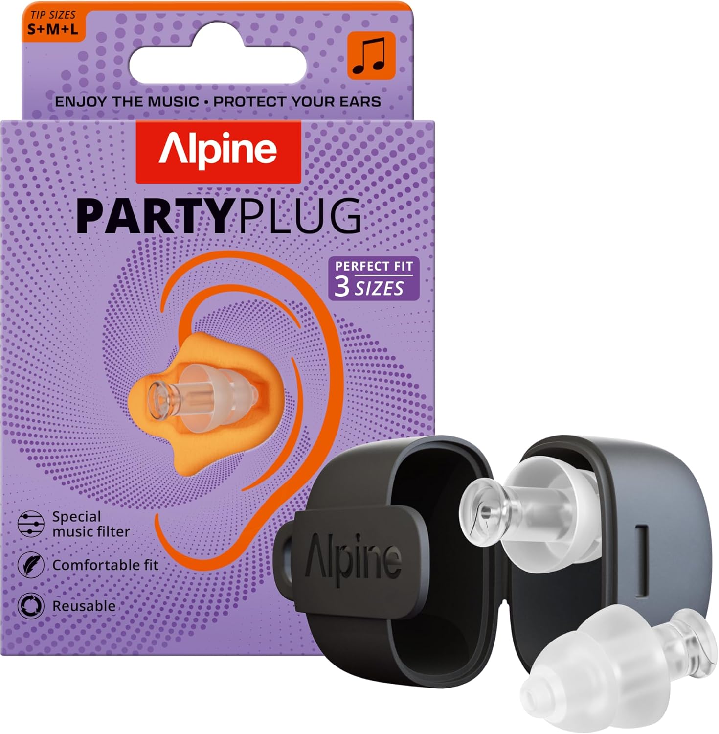 Alpine Partyplug Ear Plugs For Concerts - New & Improved - 19Db Noise Reduction - Festival Essential Hearing Protection - Reusable Earplugs For Music, Concerts & Raves - 3 Tip Sizes - Transparent