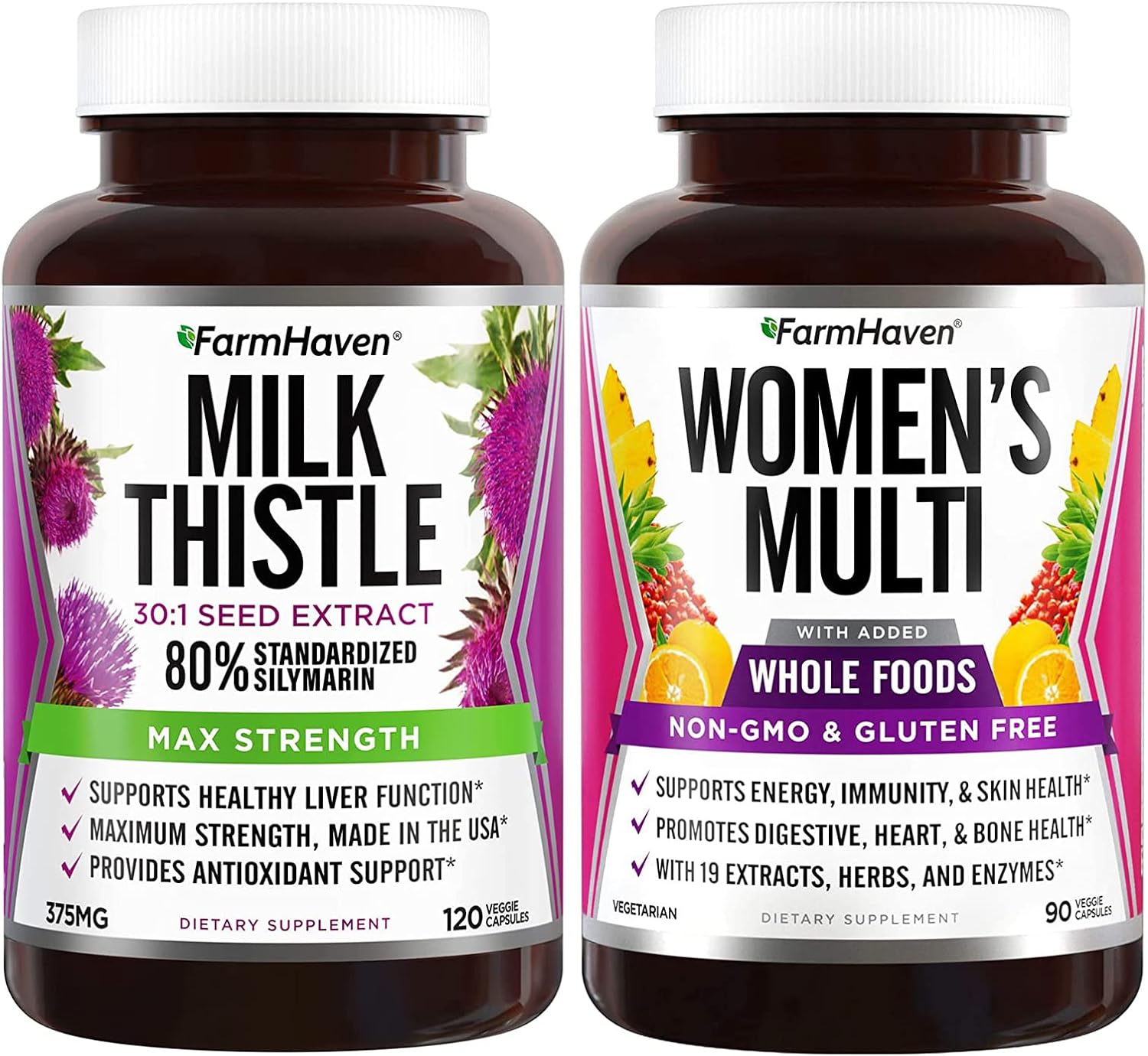 FarmHaven Milk Thistle Capsules | 11250mg Strength and Multivitamin for Women | 22 Essential Nutrients, Fruits & Veggies Womens Multivitamin | Boosts Energy, Immune, Heart Health Bundle