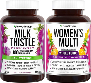 FarmHaven Milk Thistle Capsules | 11250mg Strength and Multivitamin for Women | 22 Essential Nutrients, Fruits & Veggies Womens Multivitamin | Boosts Energy, Immune, Heart Health Bundle